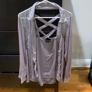 Forever 21 gray sheer lace button up shirt